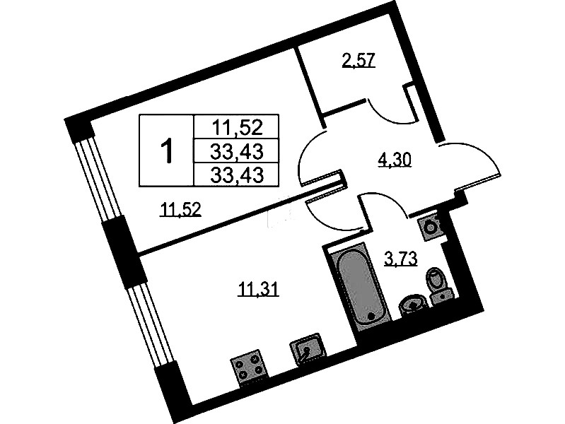 1-комнатная квартира 33.43 м², 1/9 эт., ЖК «Квартал Лаголово»